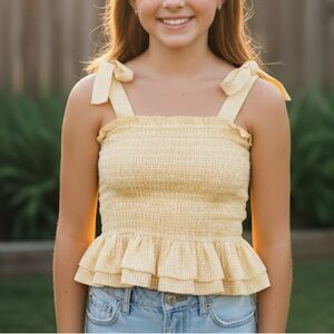 NWT GOOD LUCK GIRL Nordstrom Yellow Gingham Smocked Top with Bow Straps | Small
